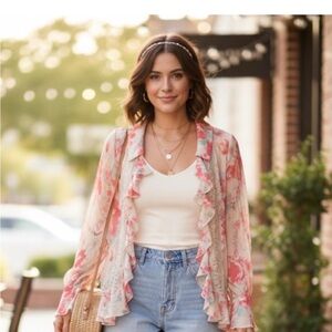 Free People Floral Ruffle Cardigan - Pink and Cream